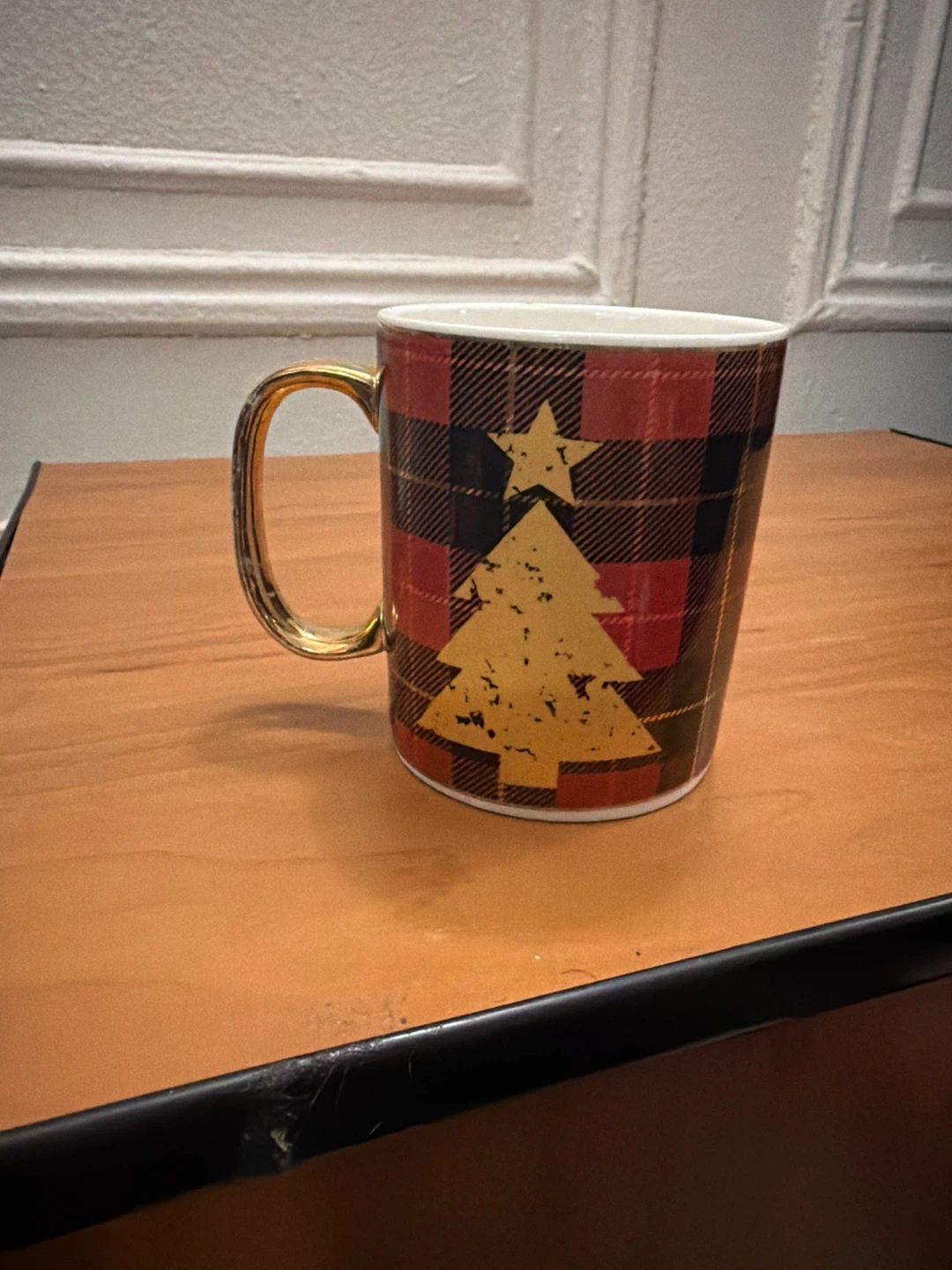 Plaid Christmas Tree Mug with Gold Handle