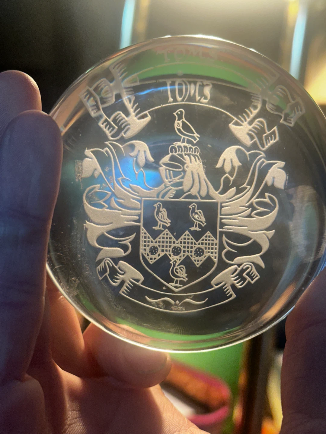 Toms family crest etched crystal paperweight