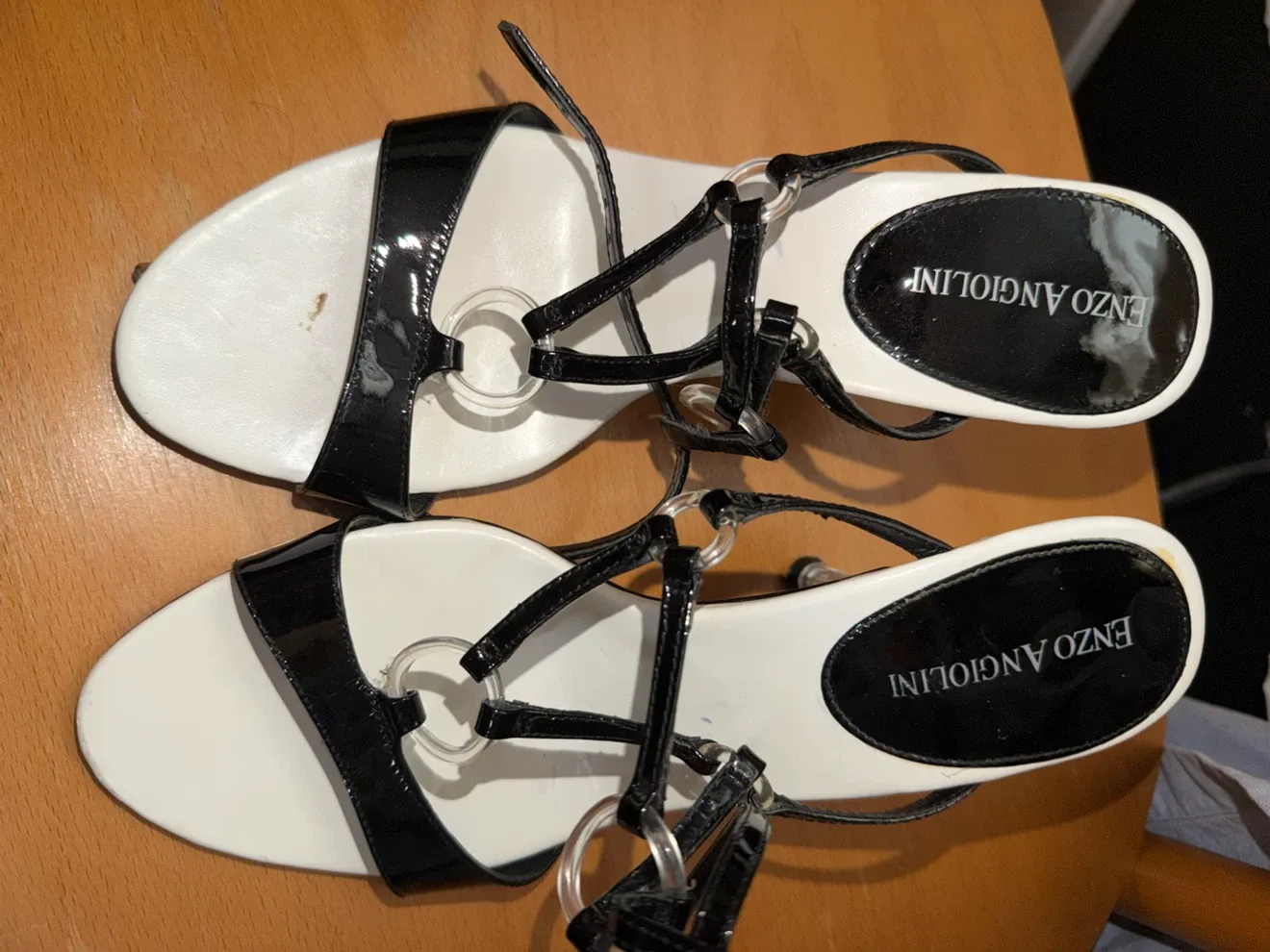 Enzo Angiolini black and white strappy heels