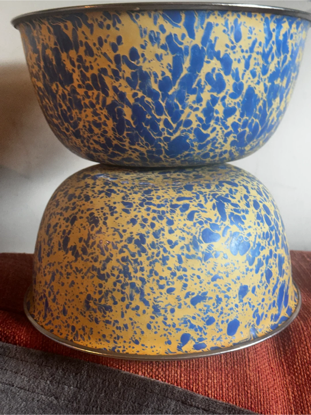 Pair of vintage spatter enamel mixing bowls