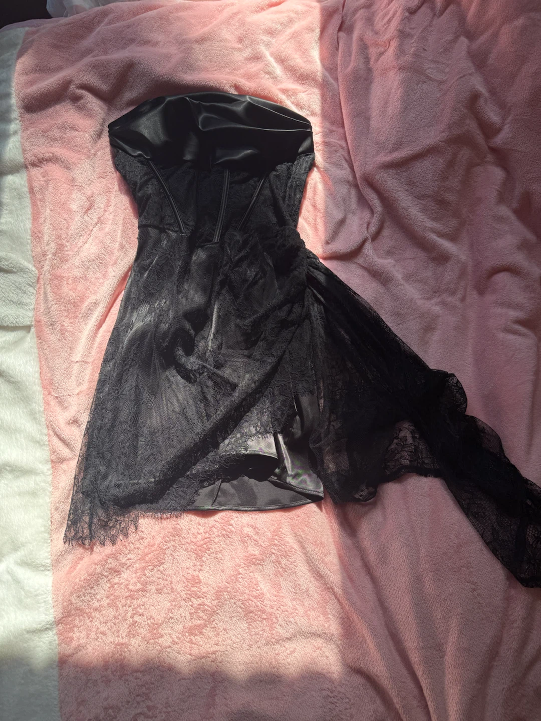 Black strapless lace corset mini dress