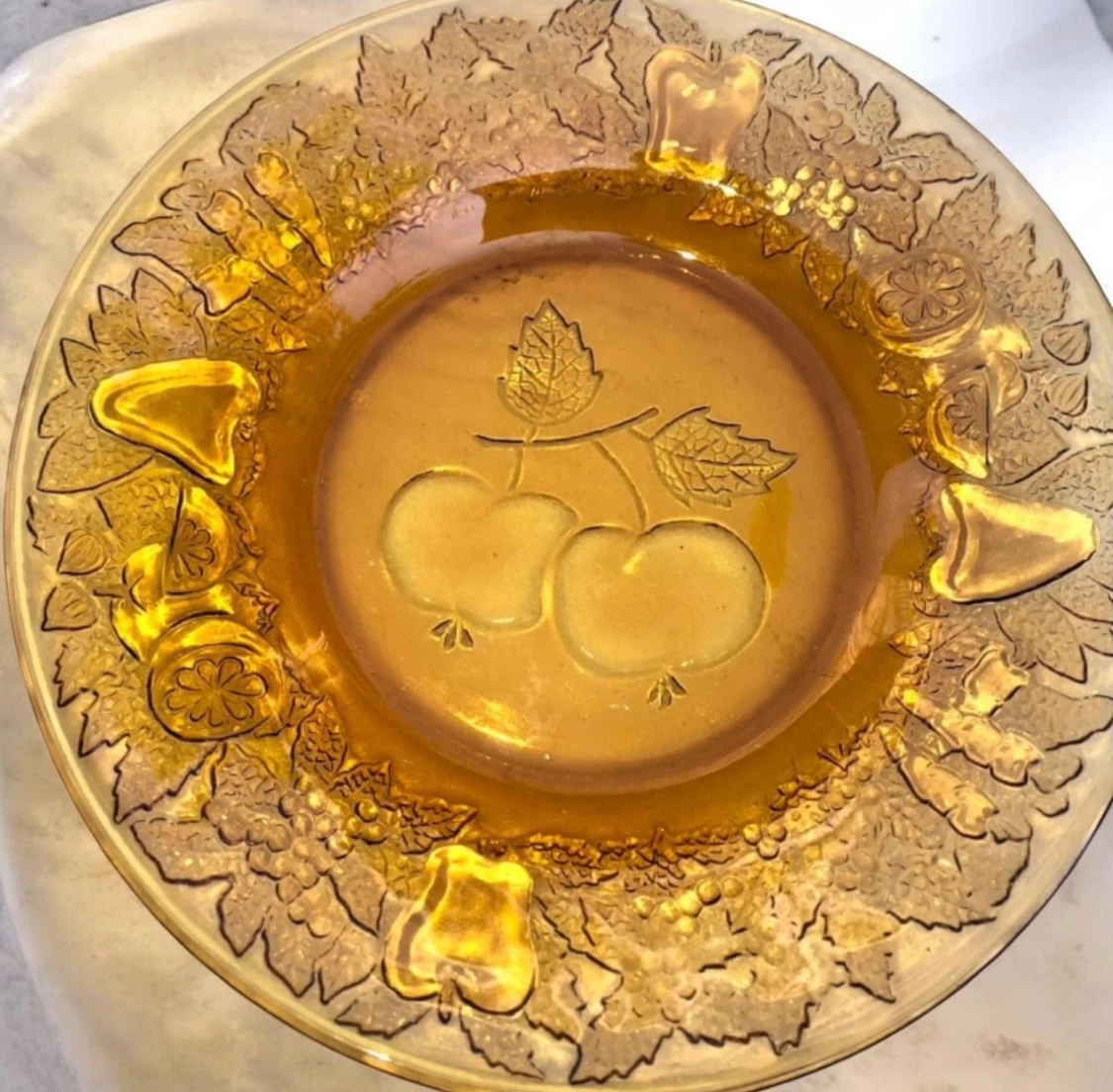 Amber Glass Fruit Motif Serving Plate