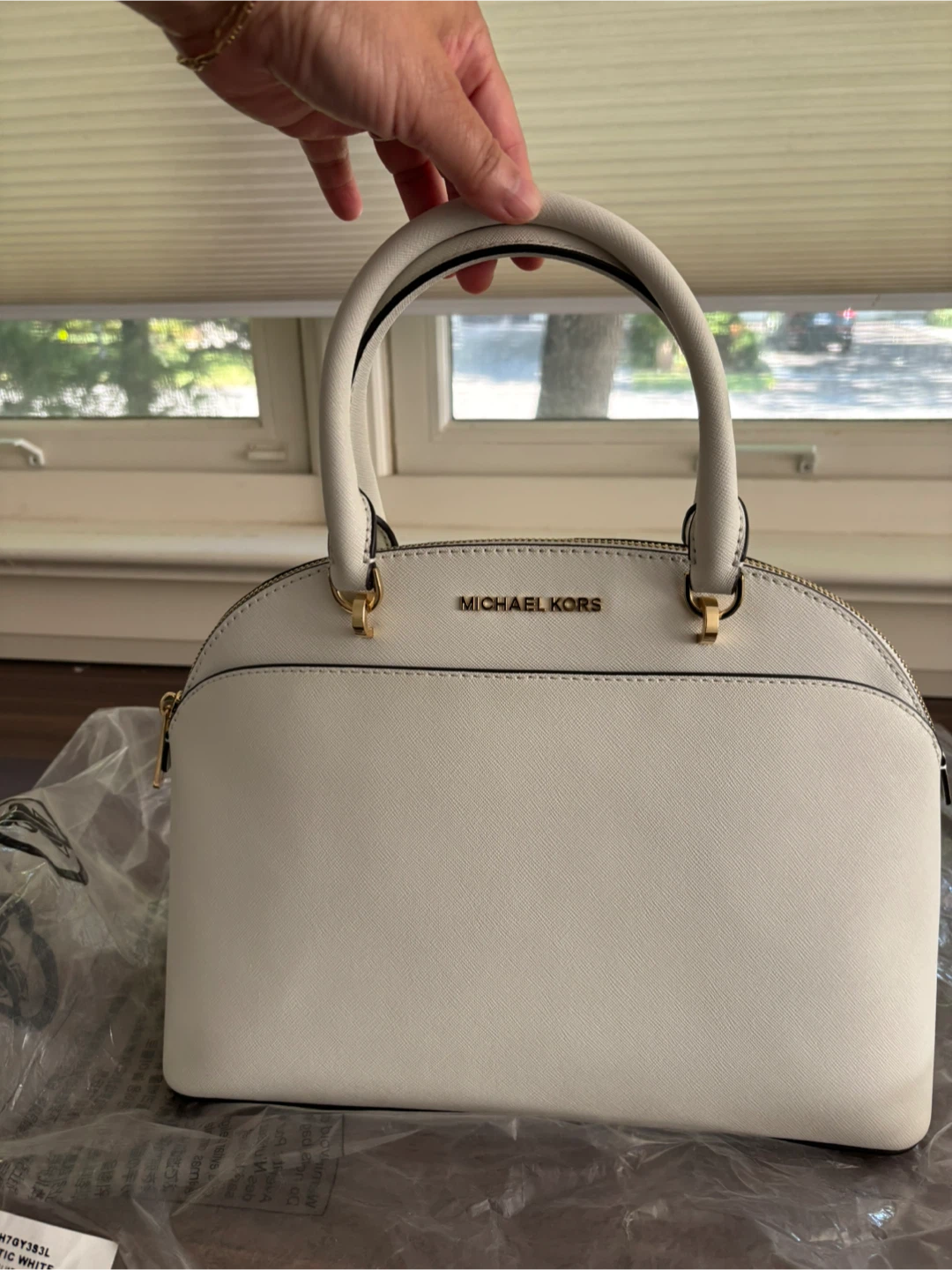 New never used Optic white emmy bag