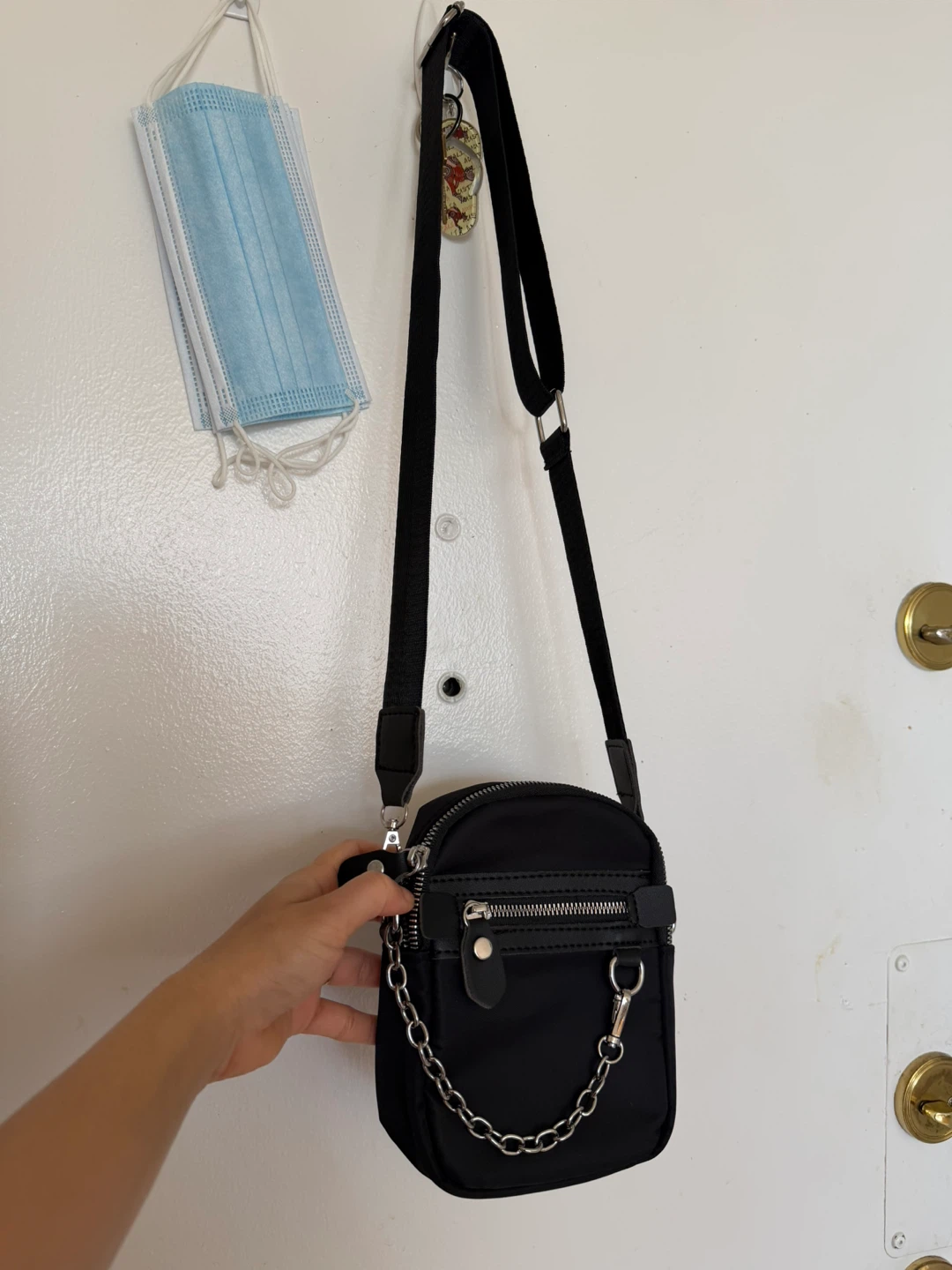 Black Nylon Crossbody Bag with Chain