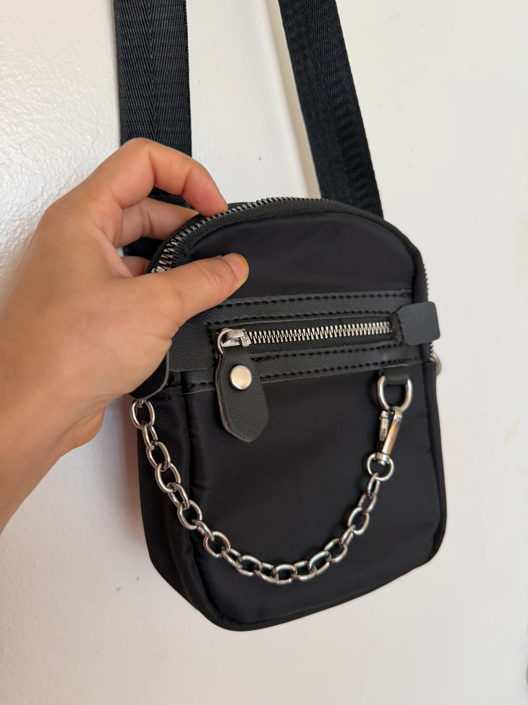Black Nylon Crossbody Bag with Chain - photo 3