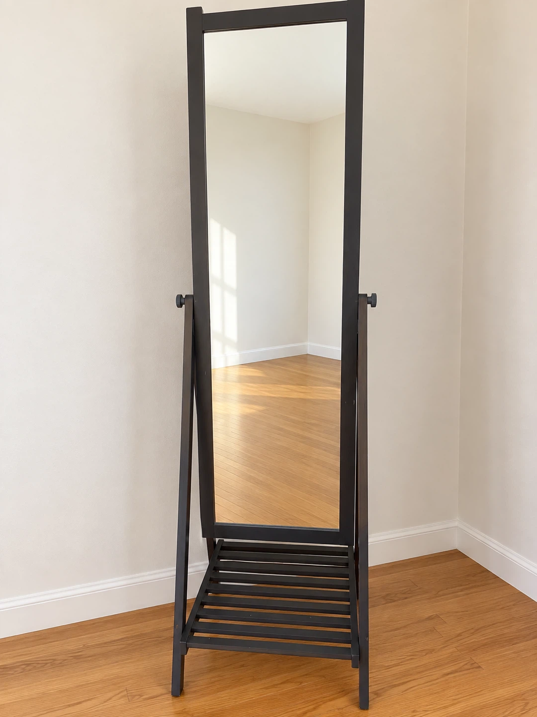 Black Full-Length Standing Mirror with Storage Shelf