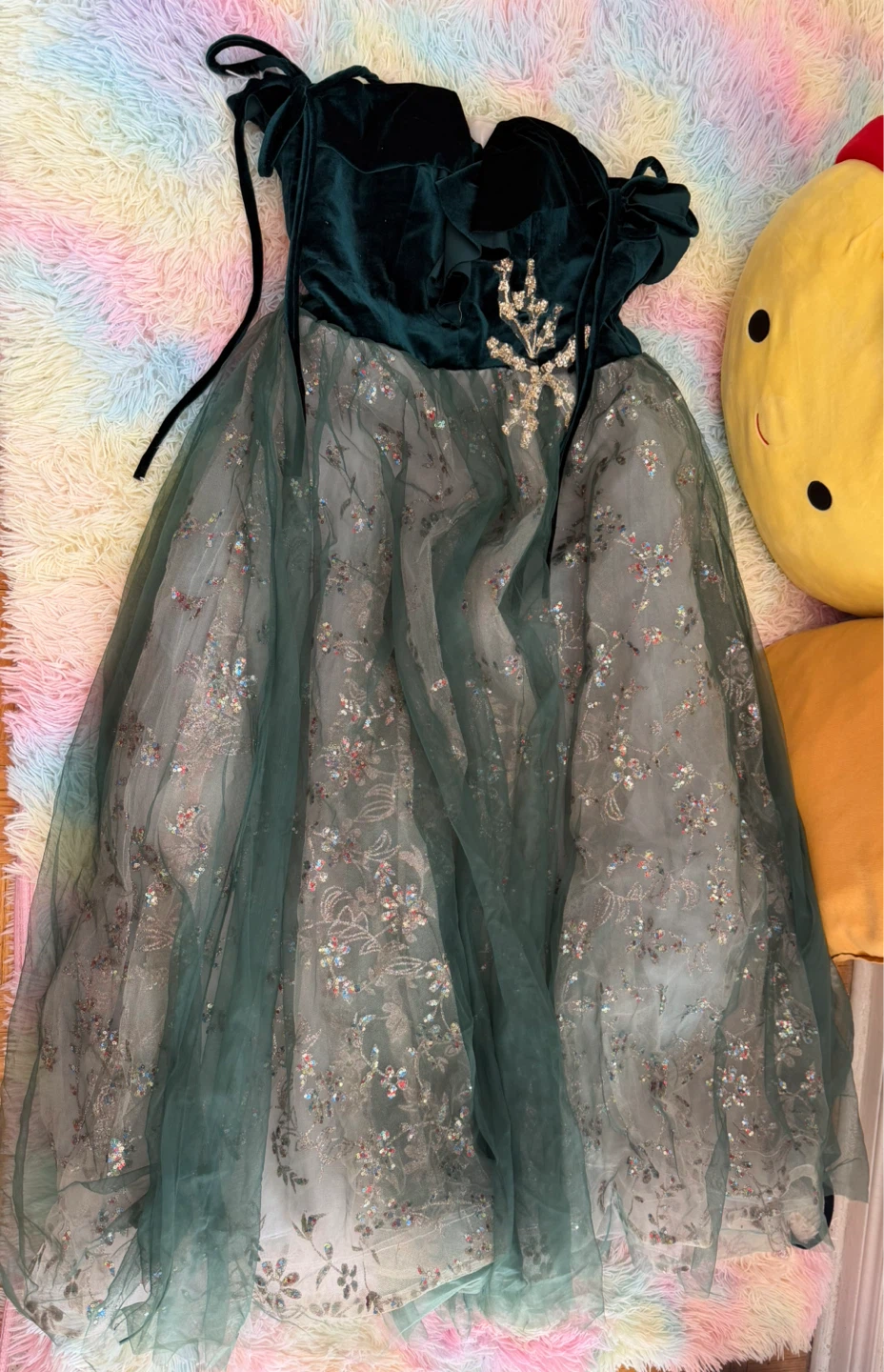 Dark Green Velvet and Sequin Tulle Dress