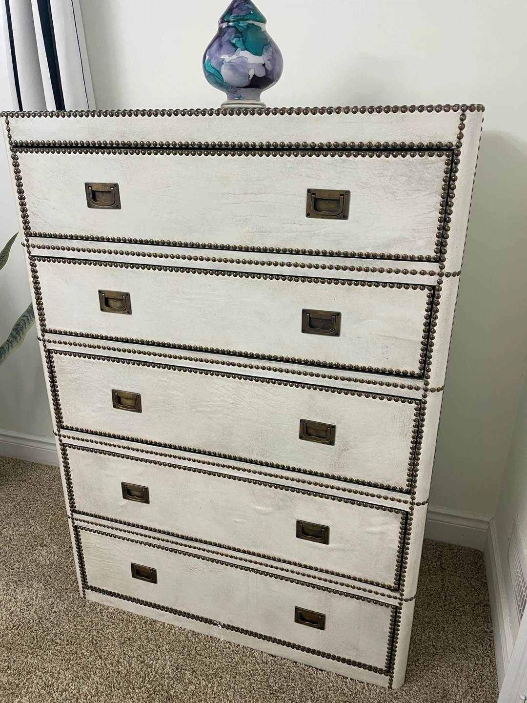 Restoration hardware White Leather Five-Drawer Dresser
