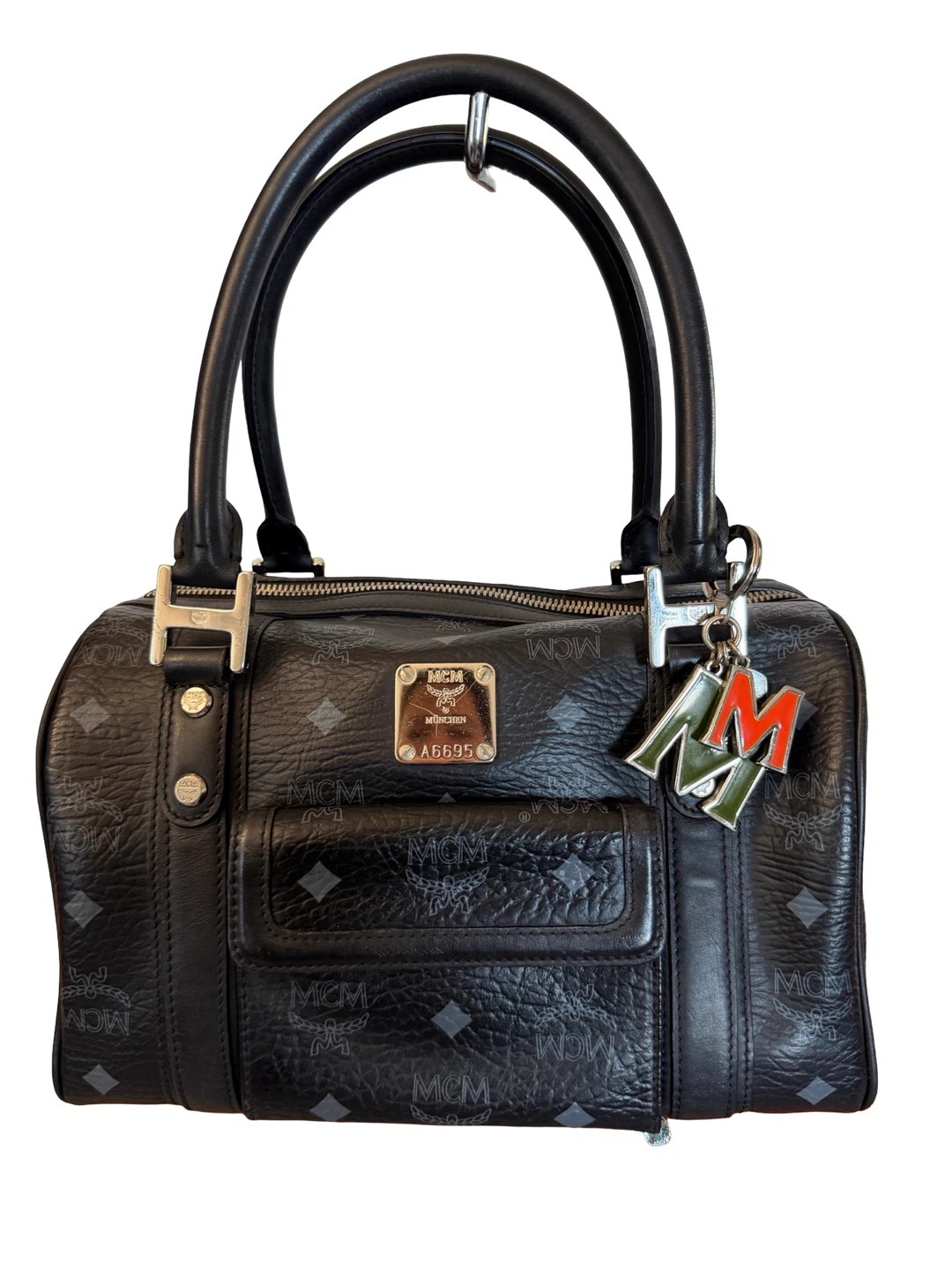 Authentic MCM Black Visetos Leather Boston Bag