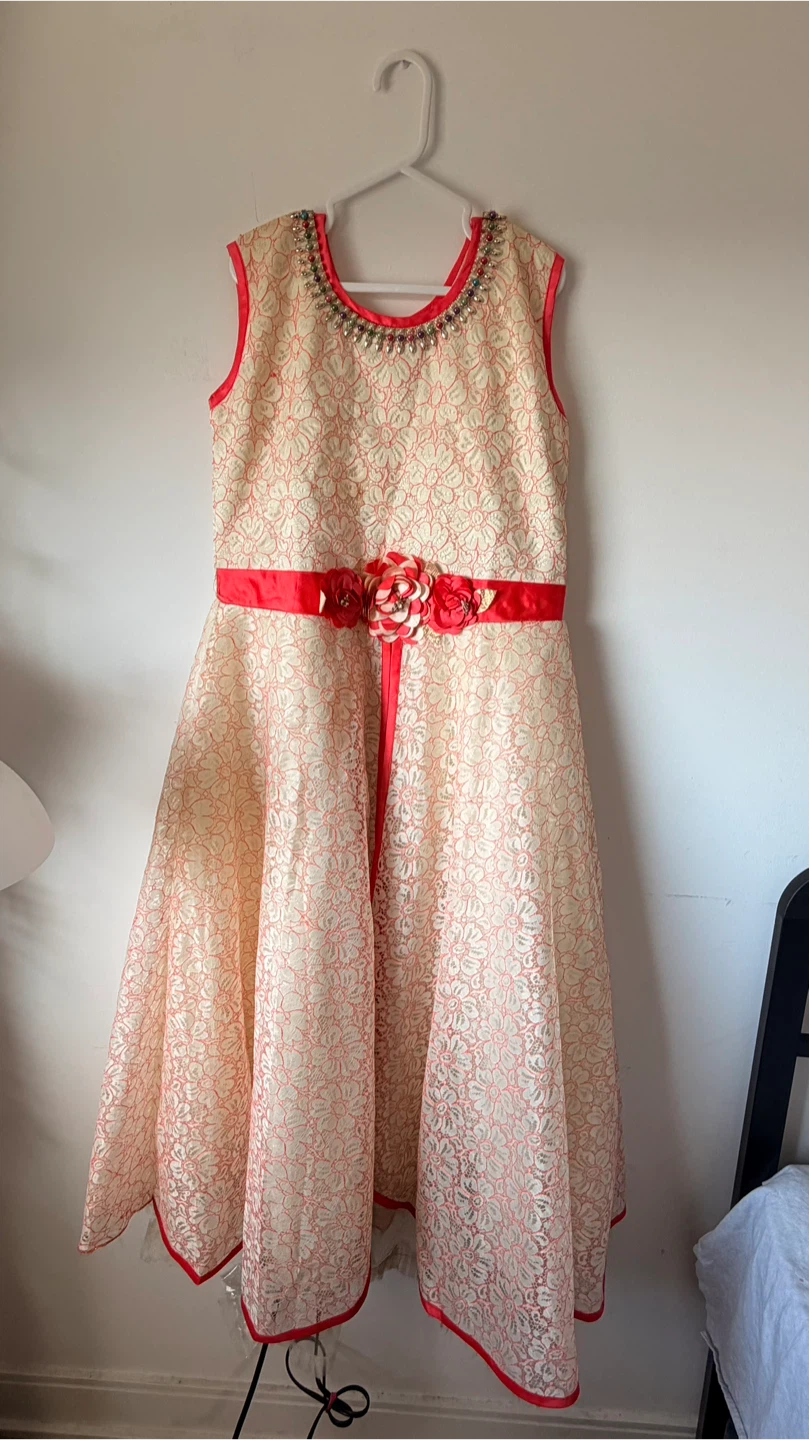 Girls Cream and Red Floral Lace Dress