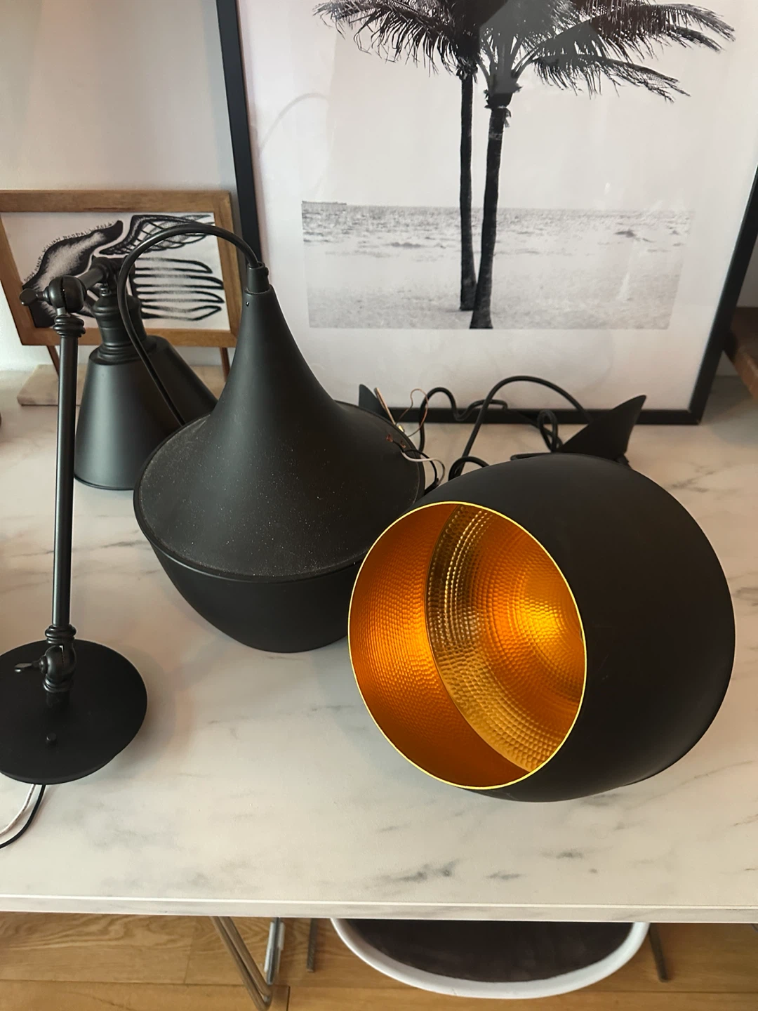 2 MCM STYLE CEILING LIGHTS & 2 VINTAGE INDUSTRIAL LAMPS