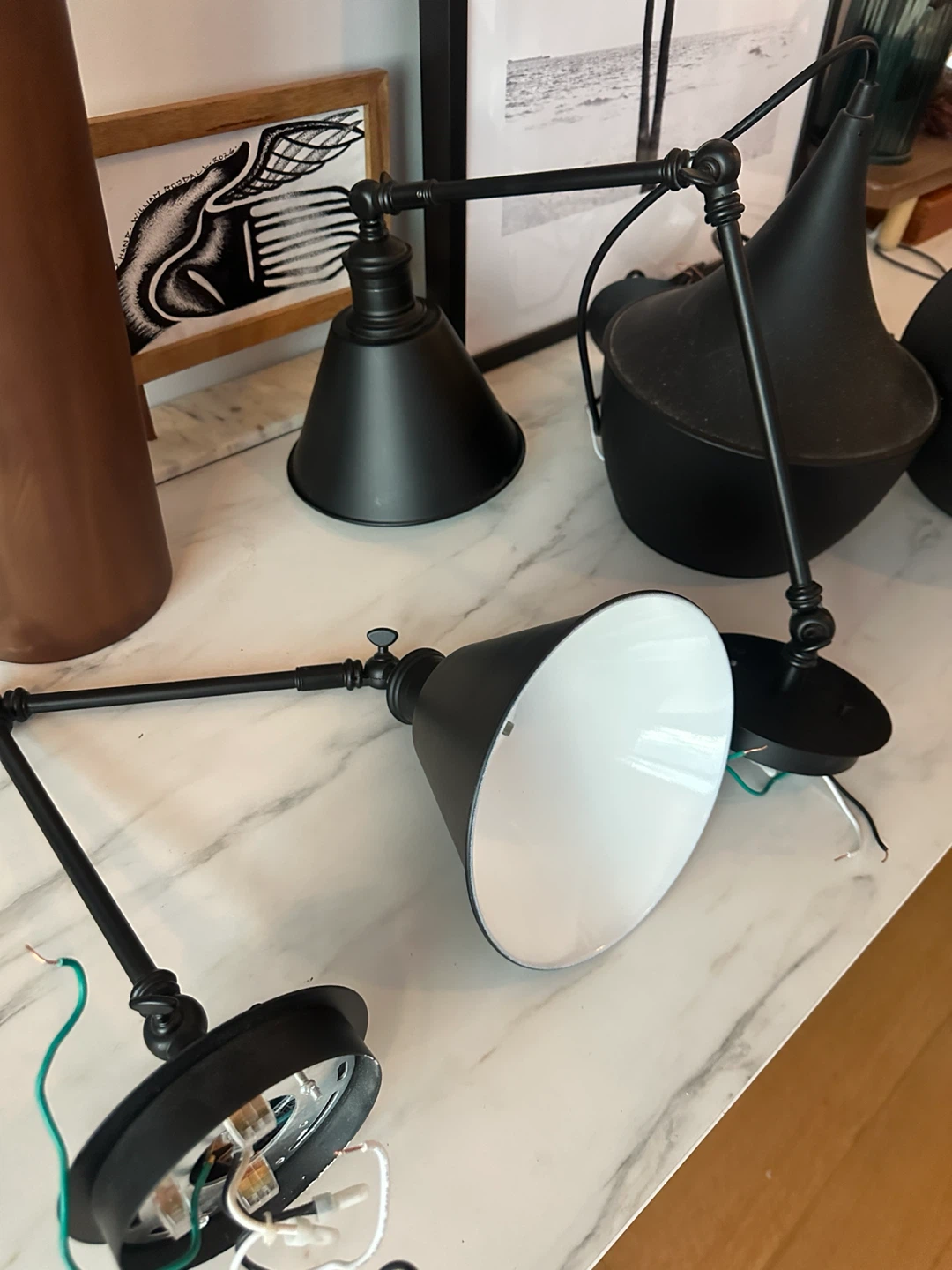 2 MCM STYLE CEILING LIGHTS & 2 VINTAGE INDUSTRIAL LAMPS - photo 2