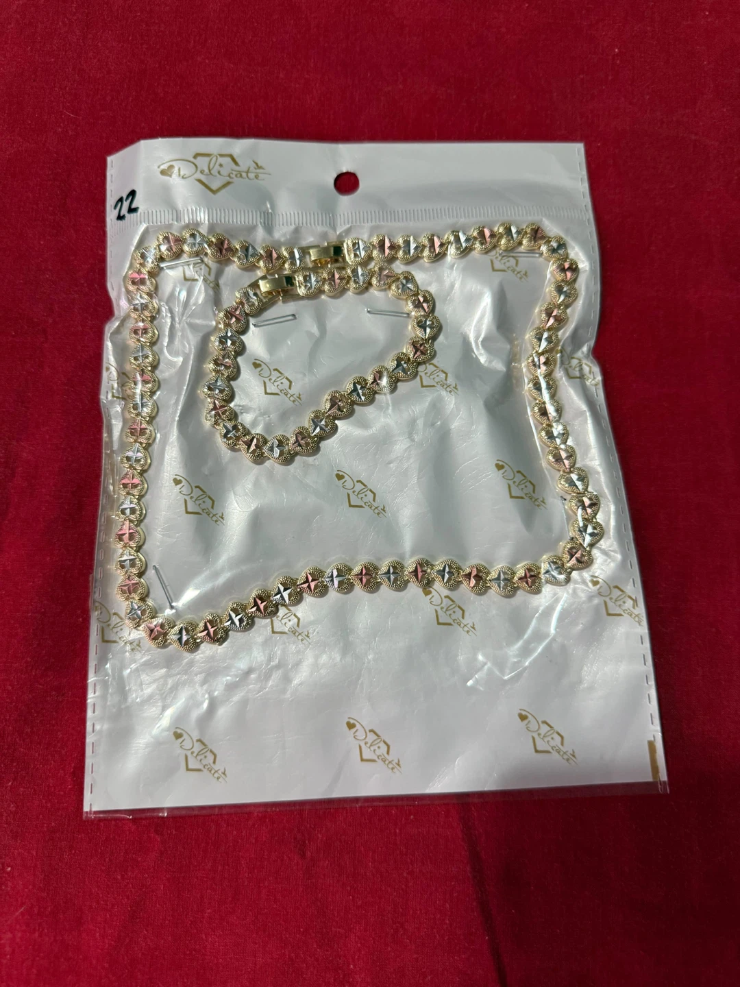 Delicate Tri-Color Heart Necklace and Bracelet Set
