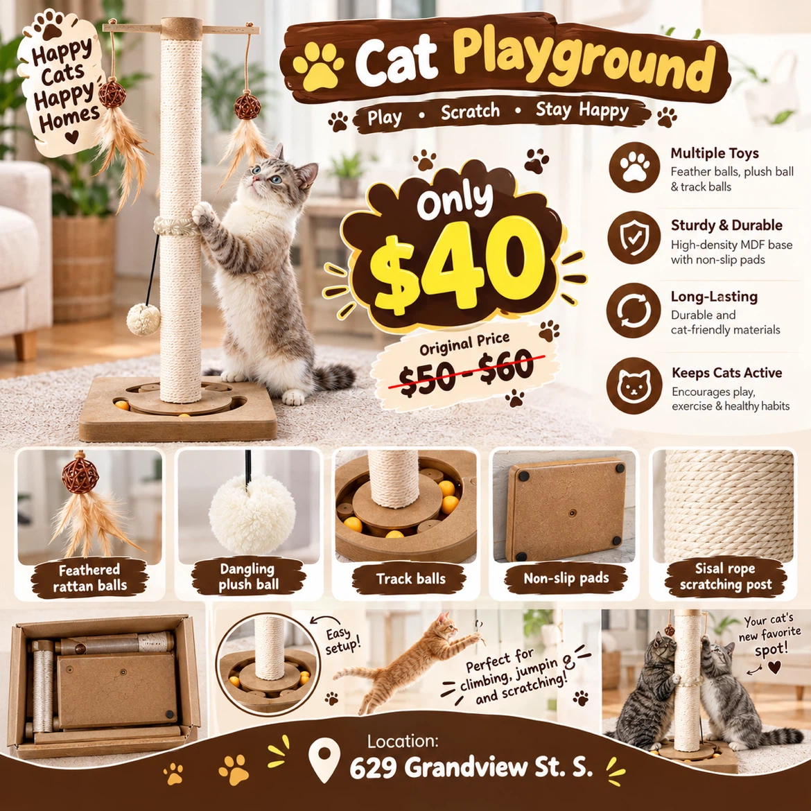 Cat Playground Scratching Post with Toys