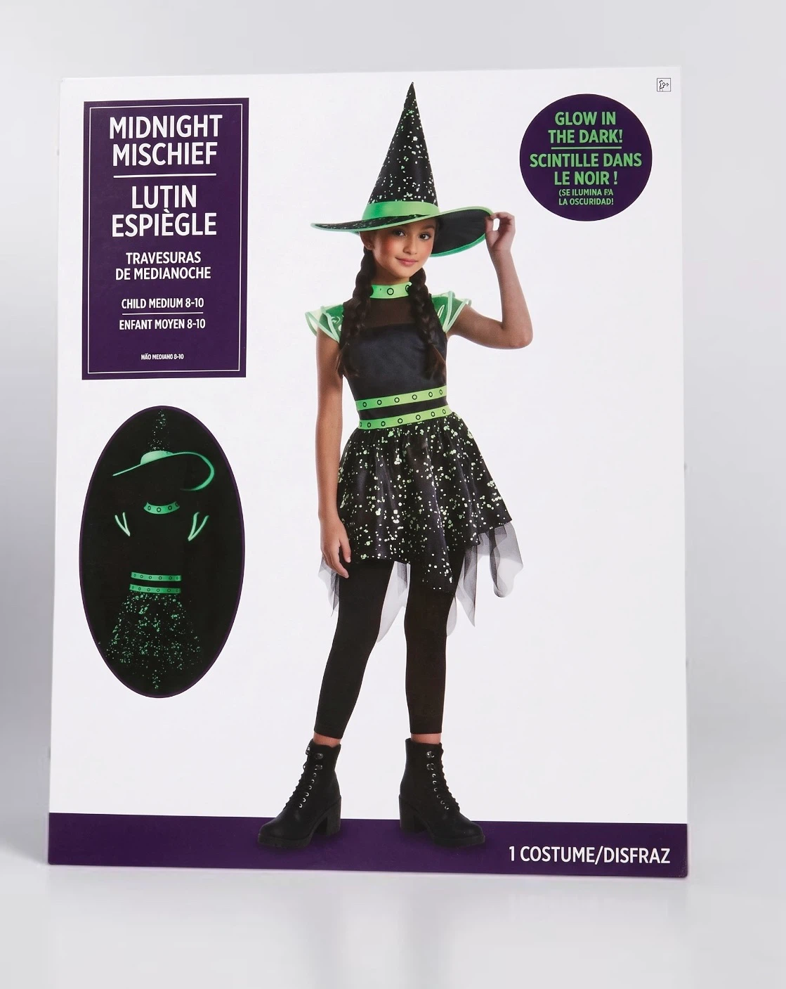 Girls Witch Halloween Costume Size Medium 8-10 Glow in Dark New