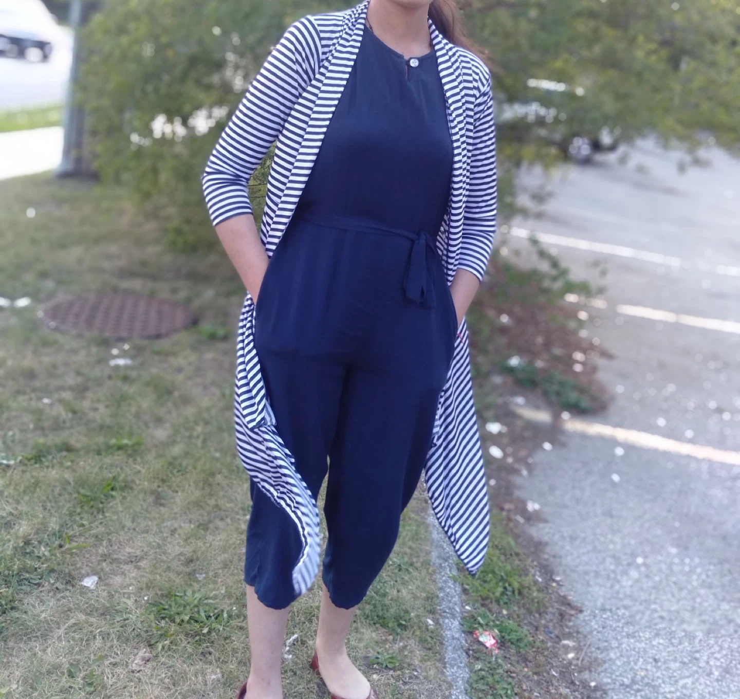 Navy Blue Jumpsuit with Striped Shrug