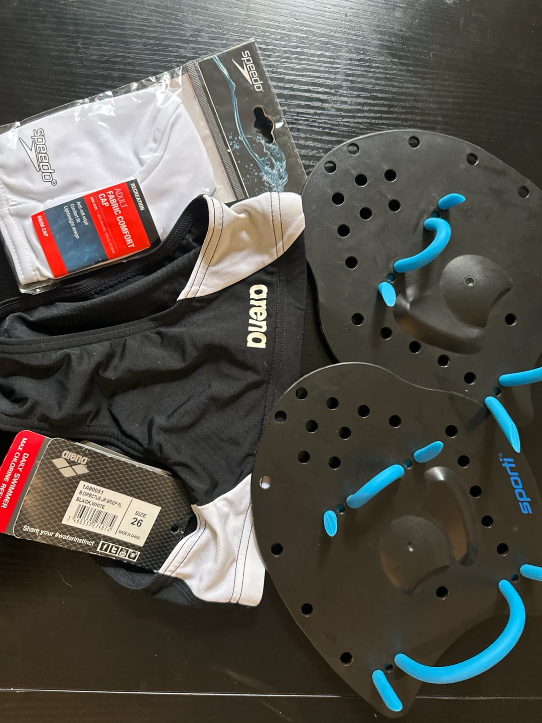 Arena Swim Briefs, Speedo Cap, and Sporti Paddles