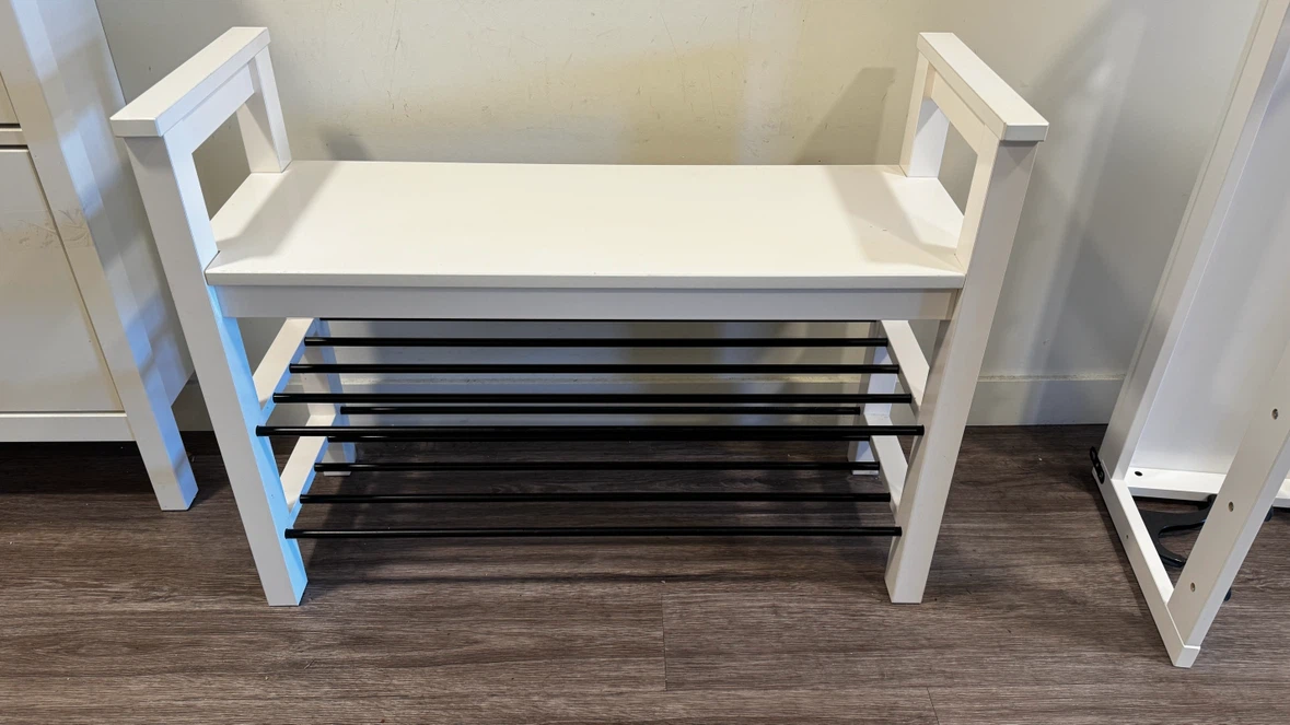 White Entryway Shoe Bench with Coat Rack