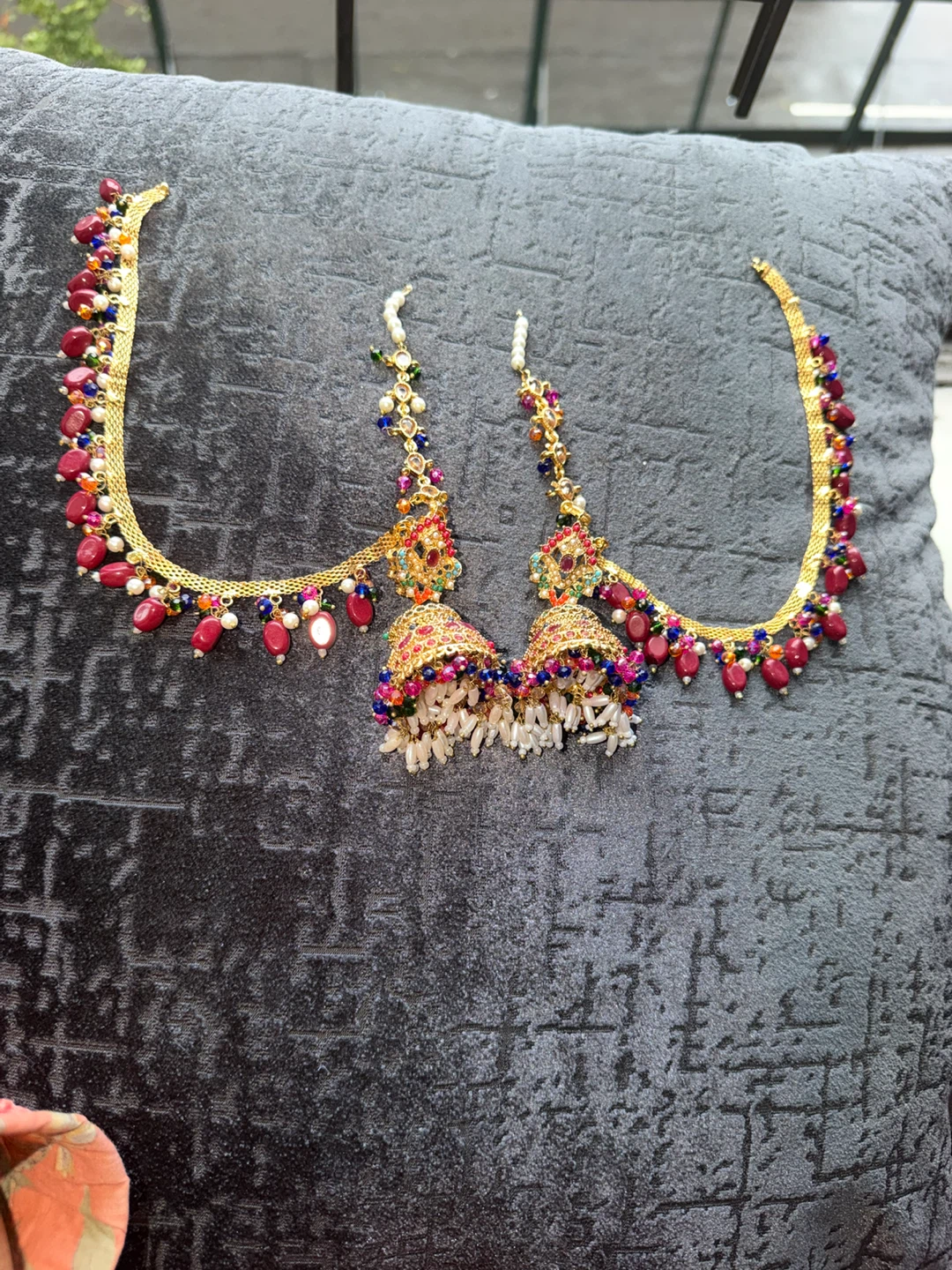 Gold-Tone Jhumka Earrings with Colorful Beads - photo 2