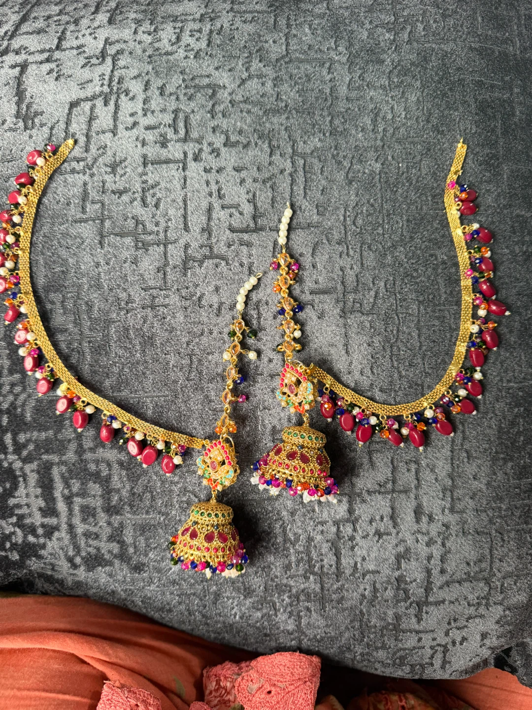 Gold-Tone Jhumka Earrings with Colorful Beads - photo 3