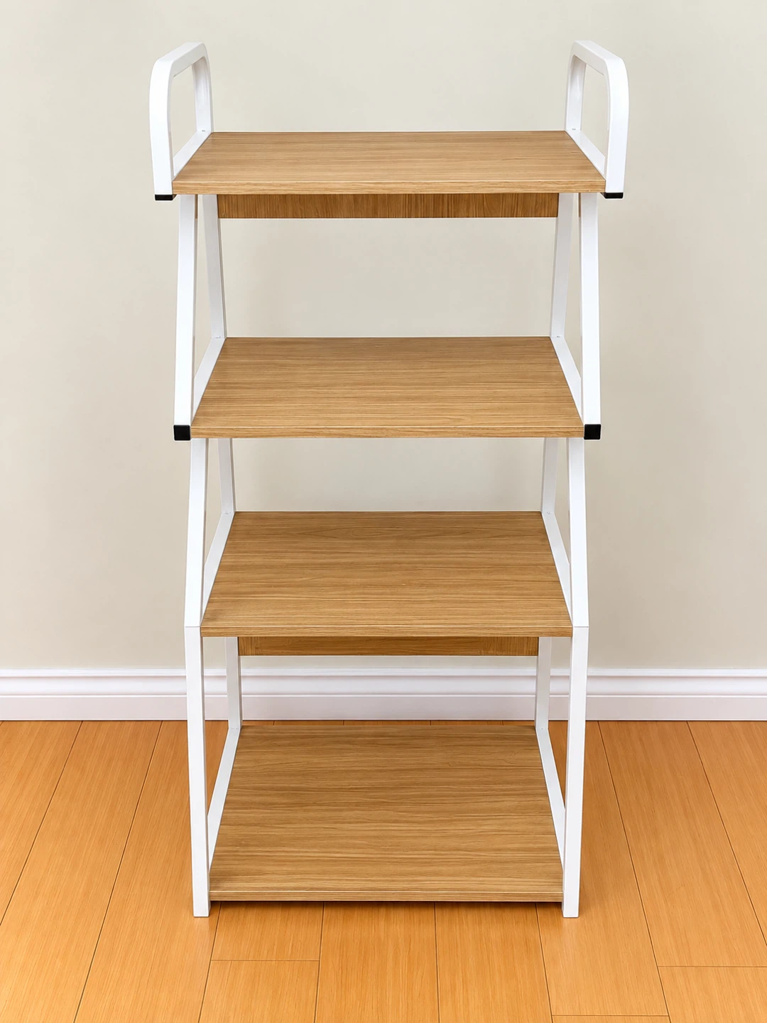 Modern 4-tier storage shelf with a white metal