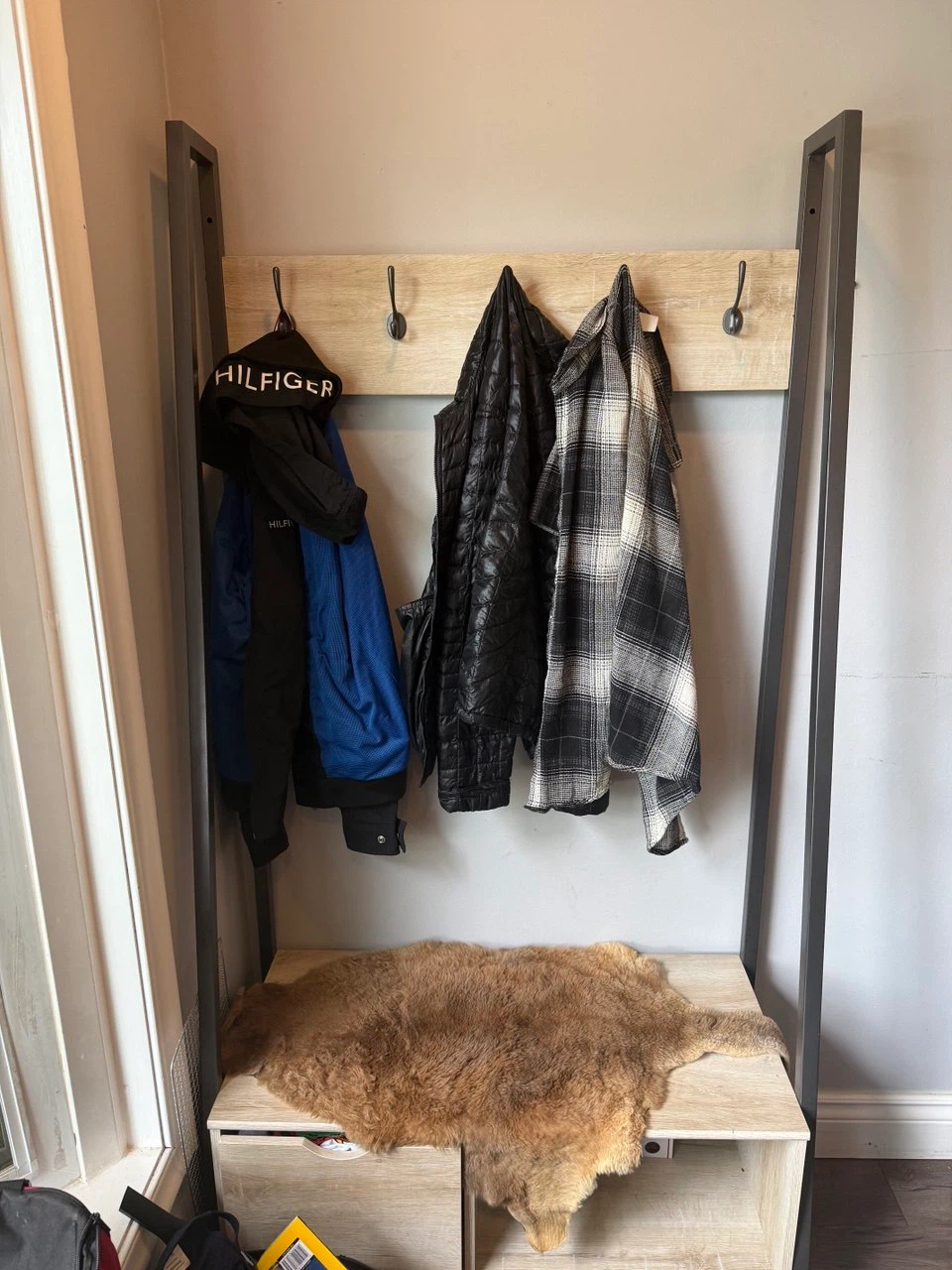 Industrial Hall Tree with Coat Hooks and Bench