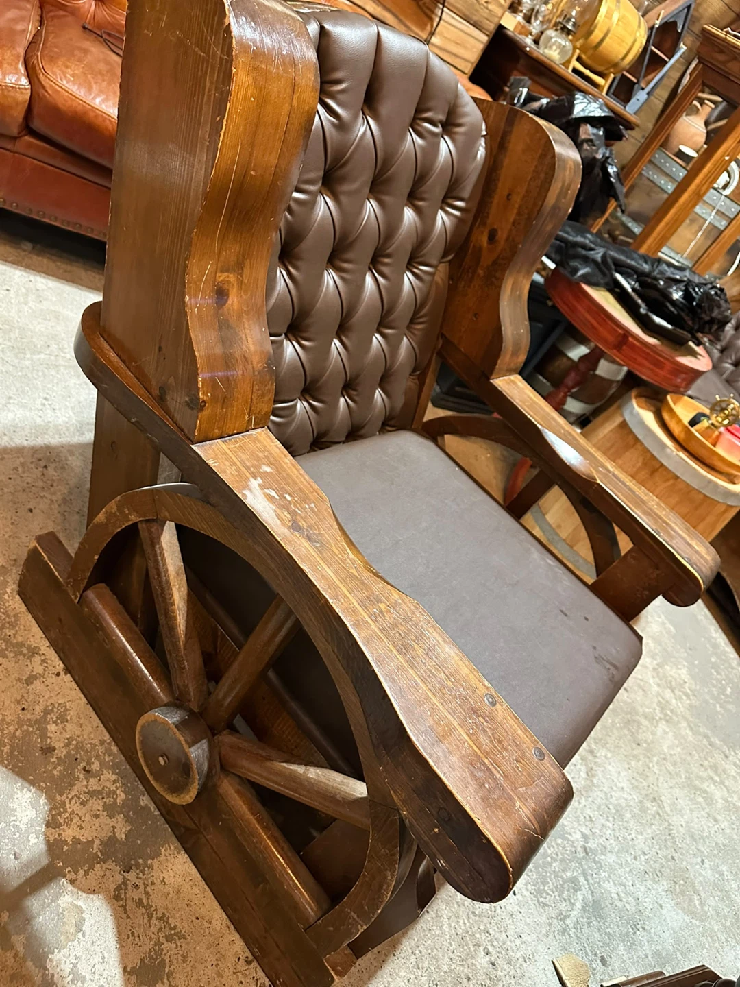 2 Rustic Wheel Armchair and Table