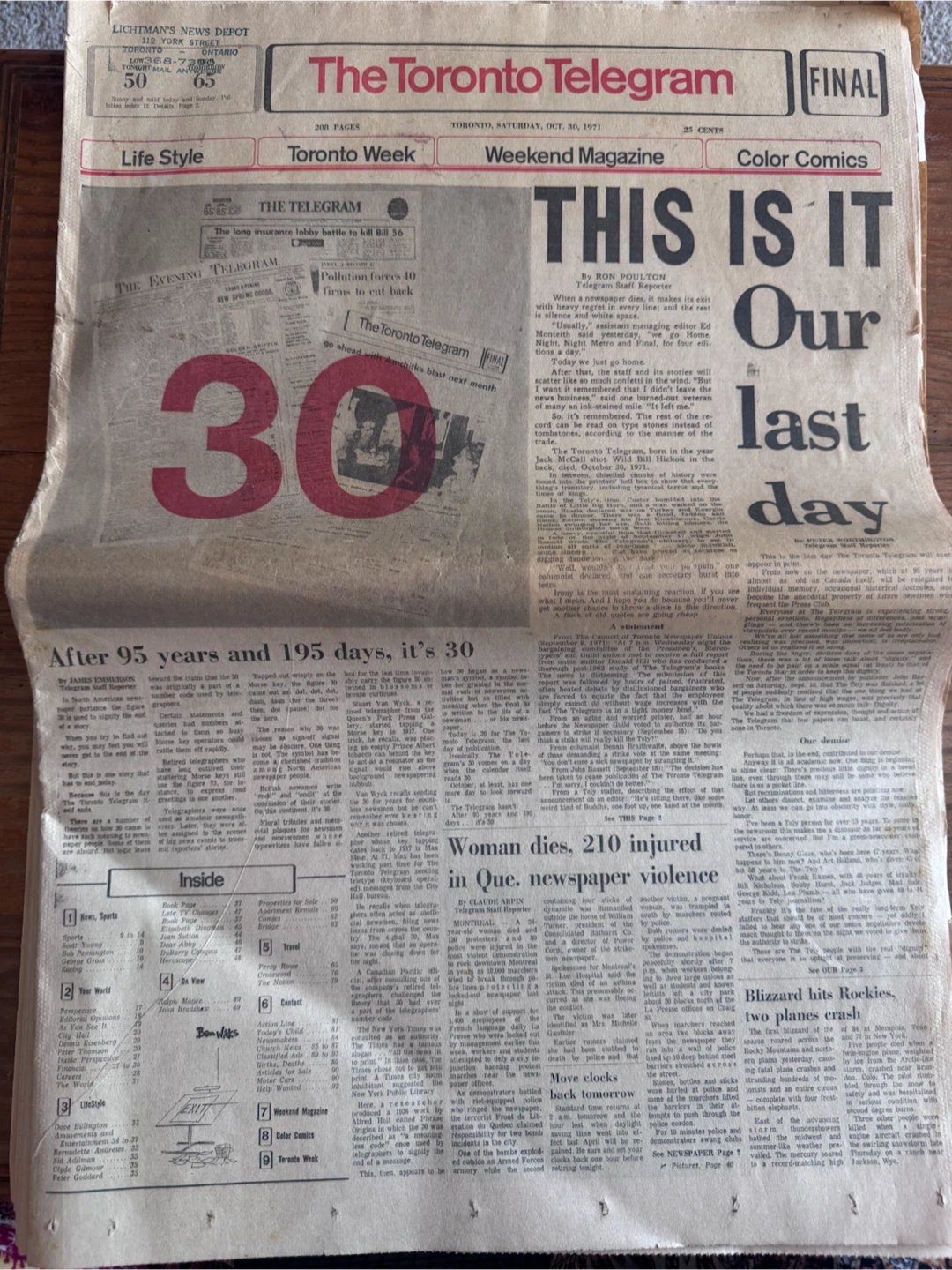 Vintage The Toronto Telegram Final Edition October 30 1971