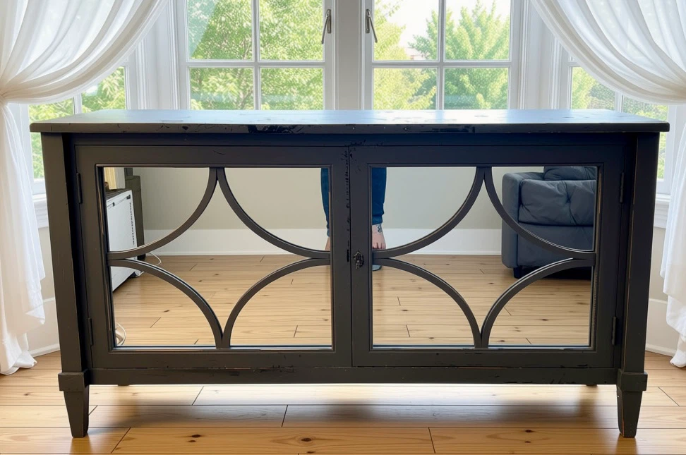 Handcrafted Solid Wood Dark Grey Mirrored Console Cabinet