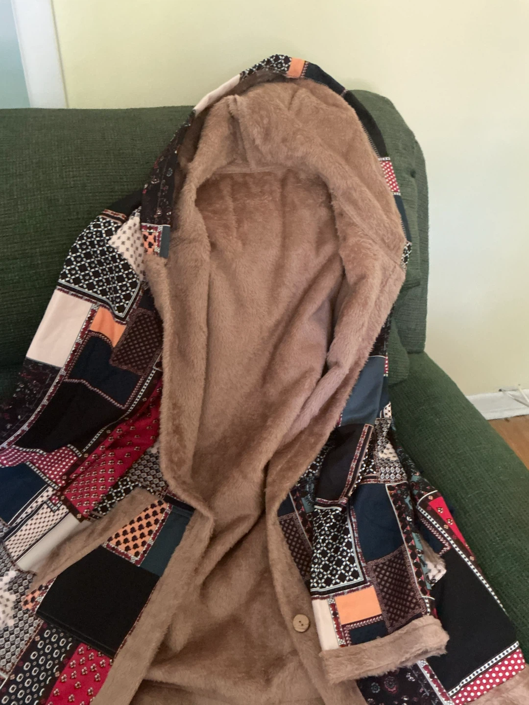 Patchwork Print Faux Fur Lined Hooded Jacket