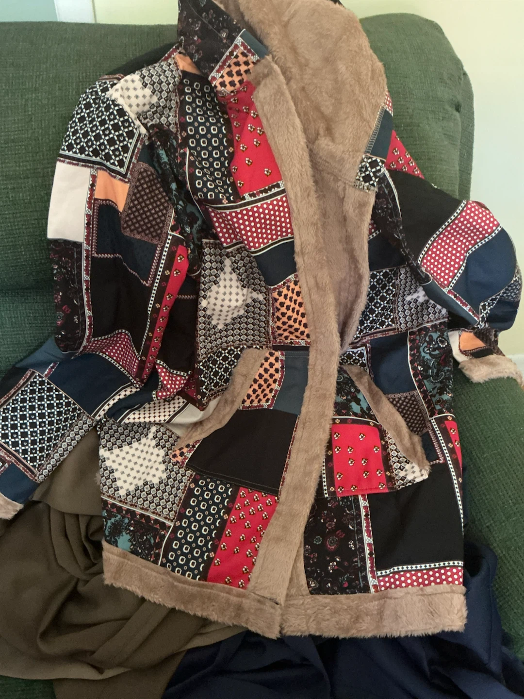 Patchwork Print Faux Fur Lined Hooded Jacket - photo 2