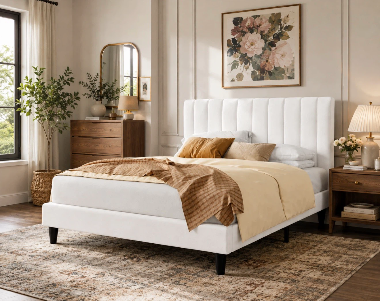 New White Upholstered Queen Platform Bed Frame