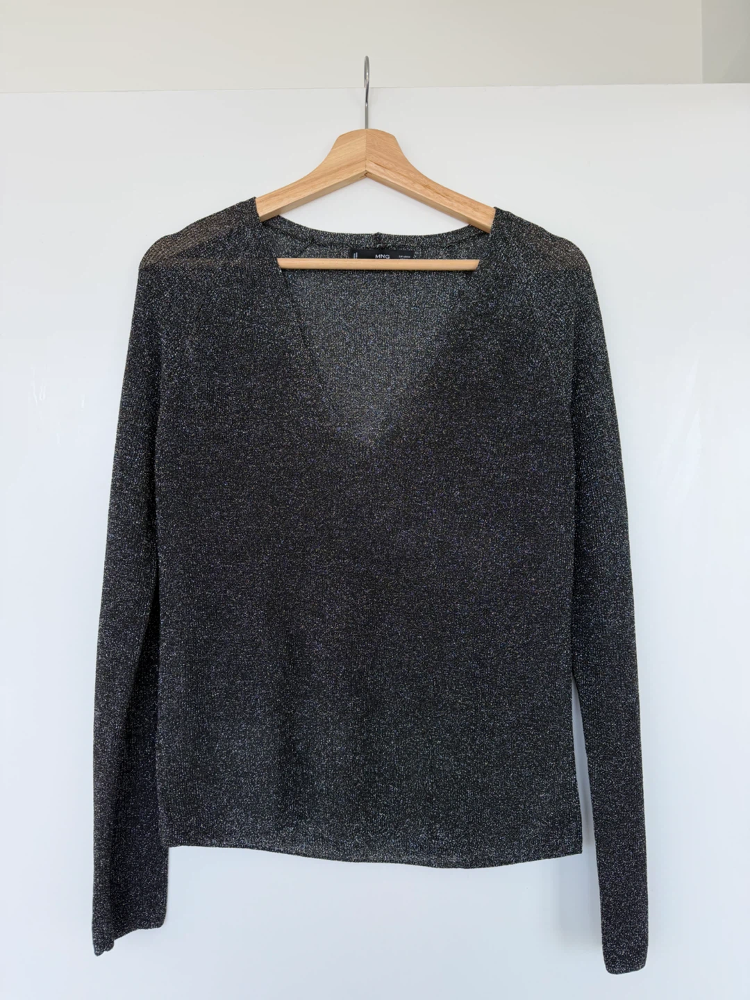 Size M V-neck metallic, shiny, and see-through sweater