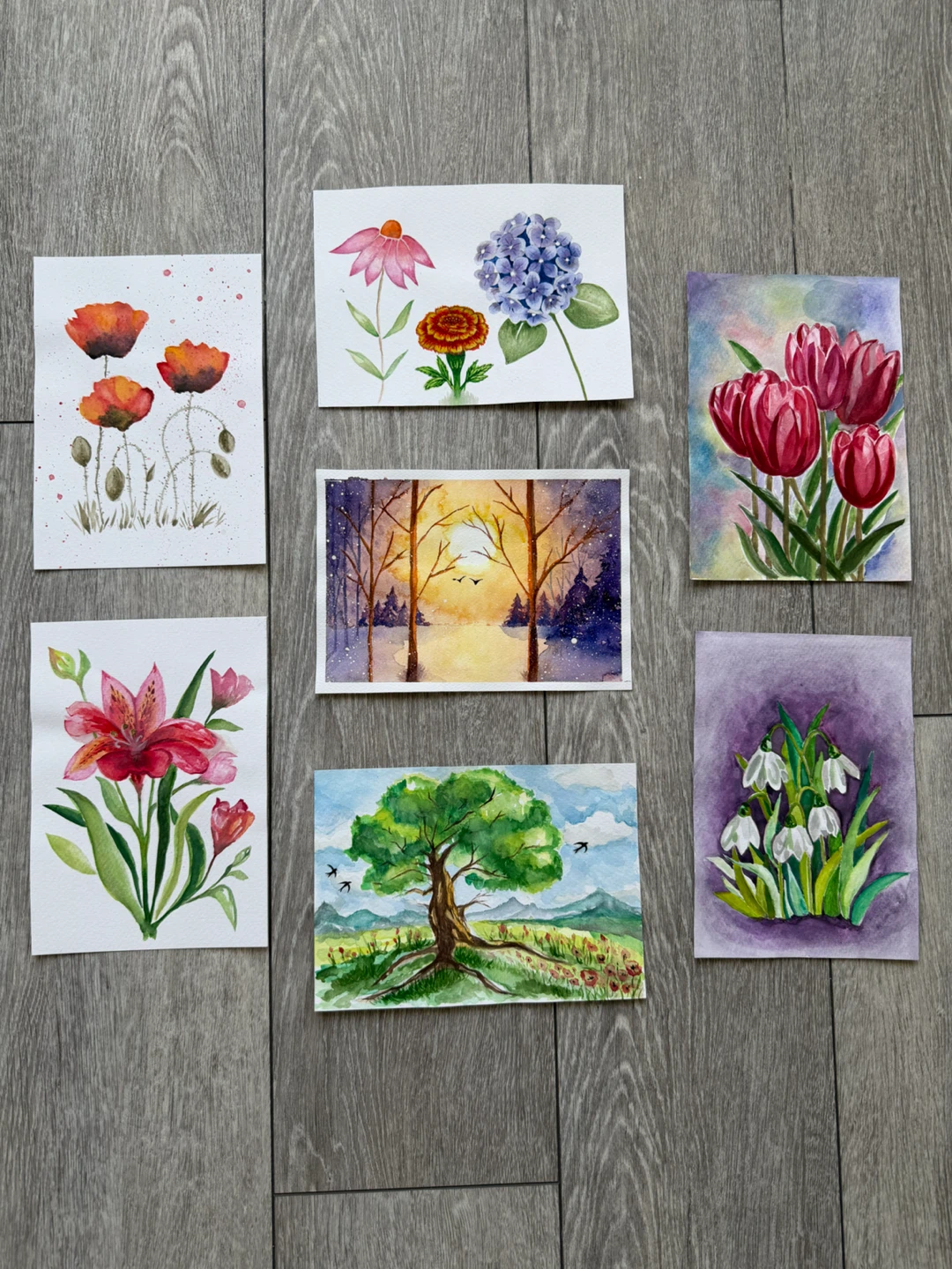 Set of 7 Original Watercolor Paintings (A5 size)