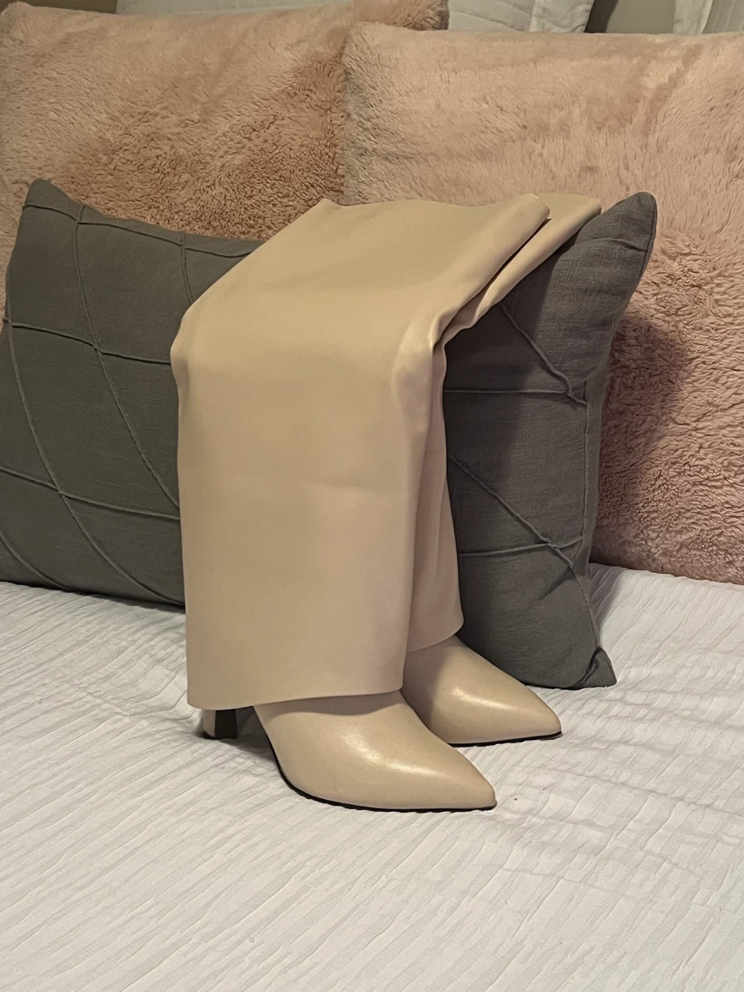 Beige Knee-High Pointed Toe Boots