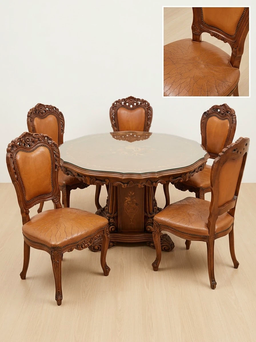 Vintage Solid Wood Dining Table + 4 Chairs Set (Glass Top
