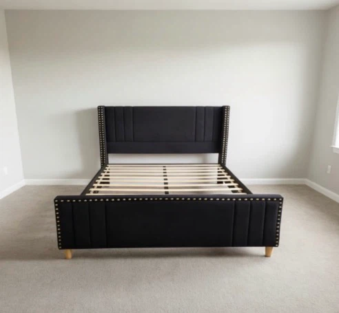 Black Luxury Velvet Queen Bed Frame with Long Footboard