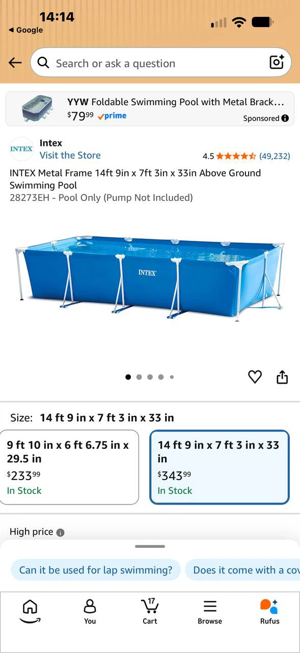 Intex Metal Frame Above Ground Swimming Pool 14’9”x7’3”x33”