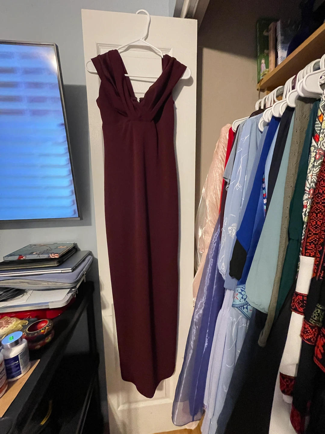 Burgundy off-the-shoulder dress