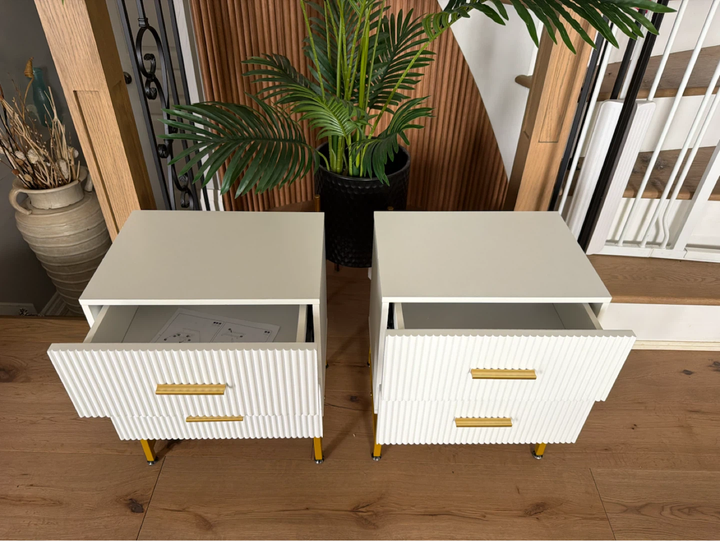 New Pair of White and Gold Nightstands