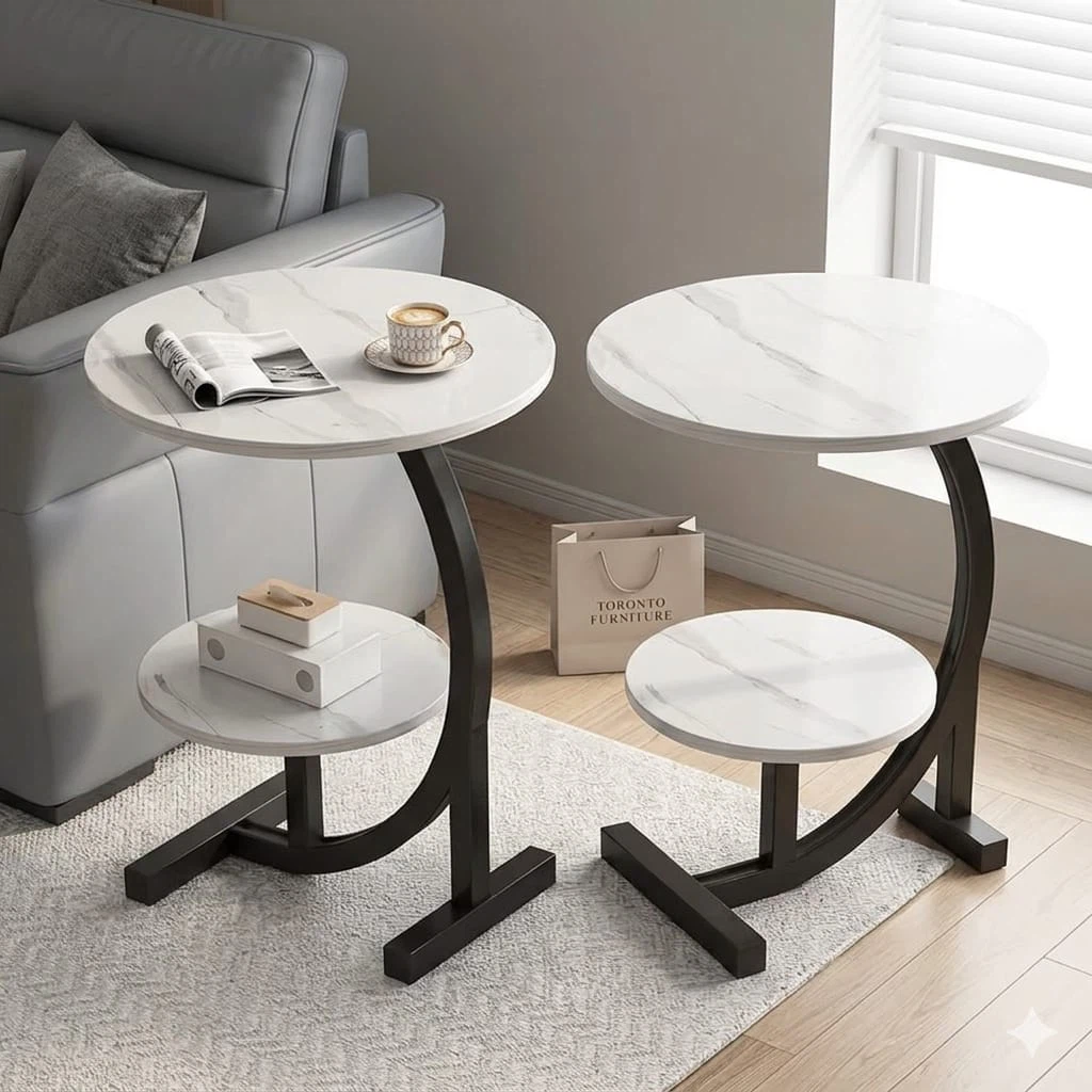 (NEW) Set of 2 Modern C-shaped round table marble like wood