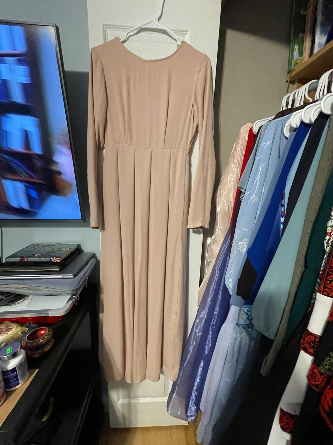 Beige Long-Sleeve Maxi Dress