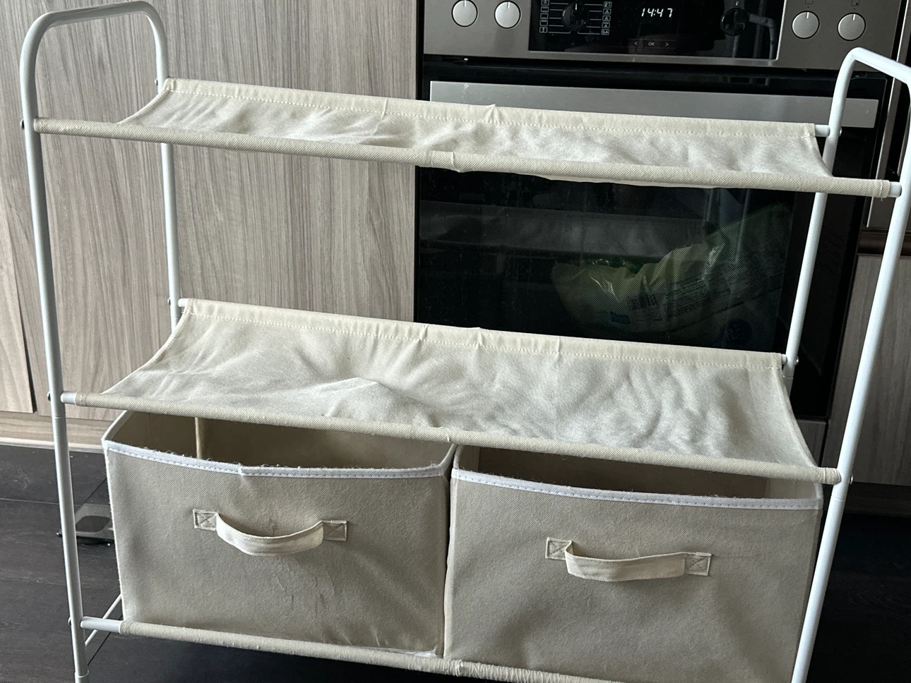 White 2-Tier Storage Rack with Fabric Bins