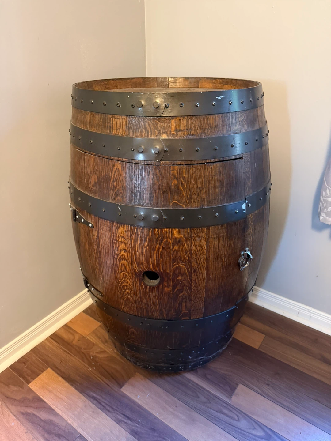 Rustic Wine Barrel Liquor Cabinet