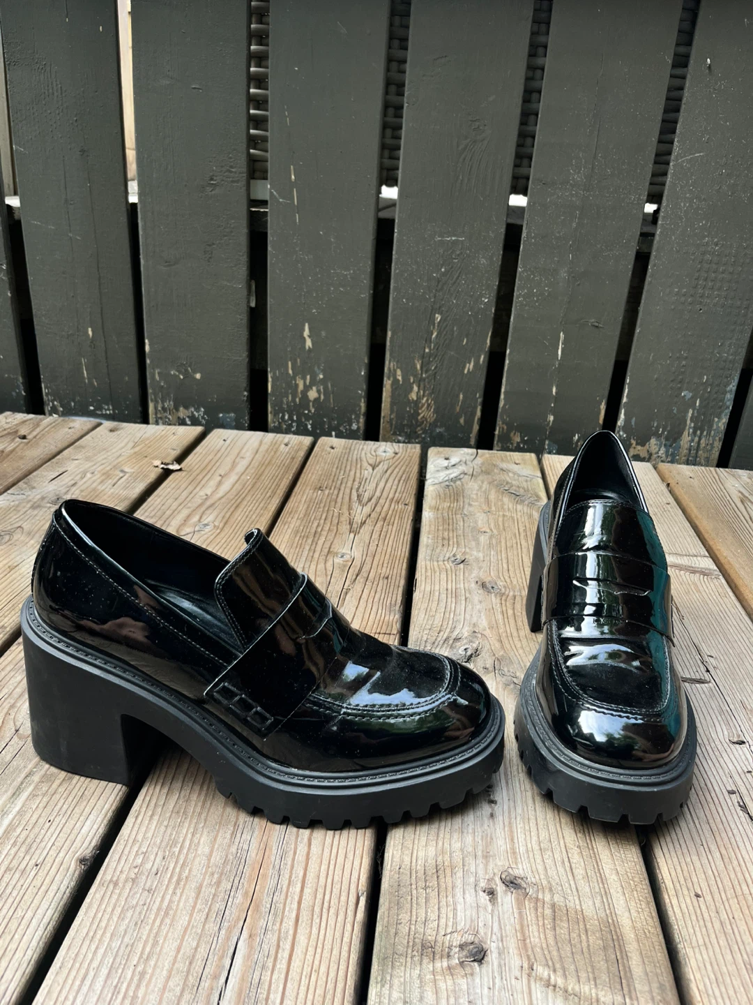 Black patent pleather loafer heels
