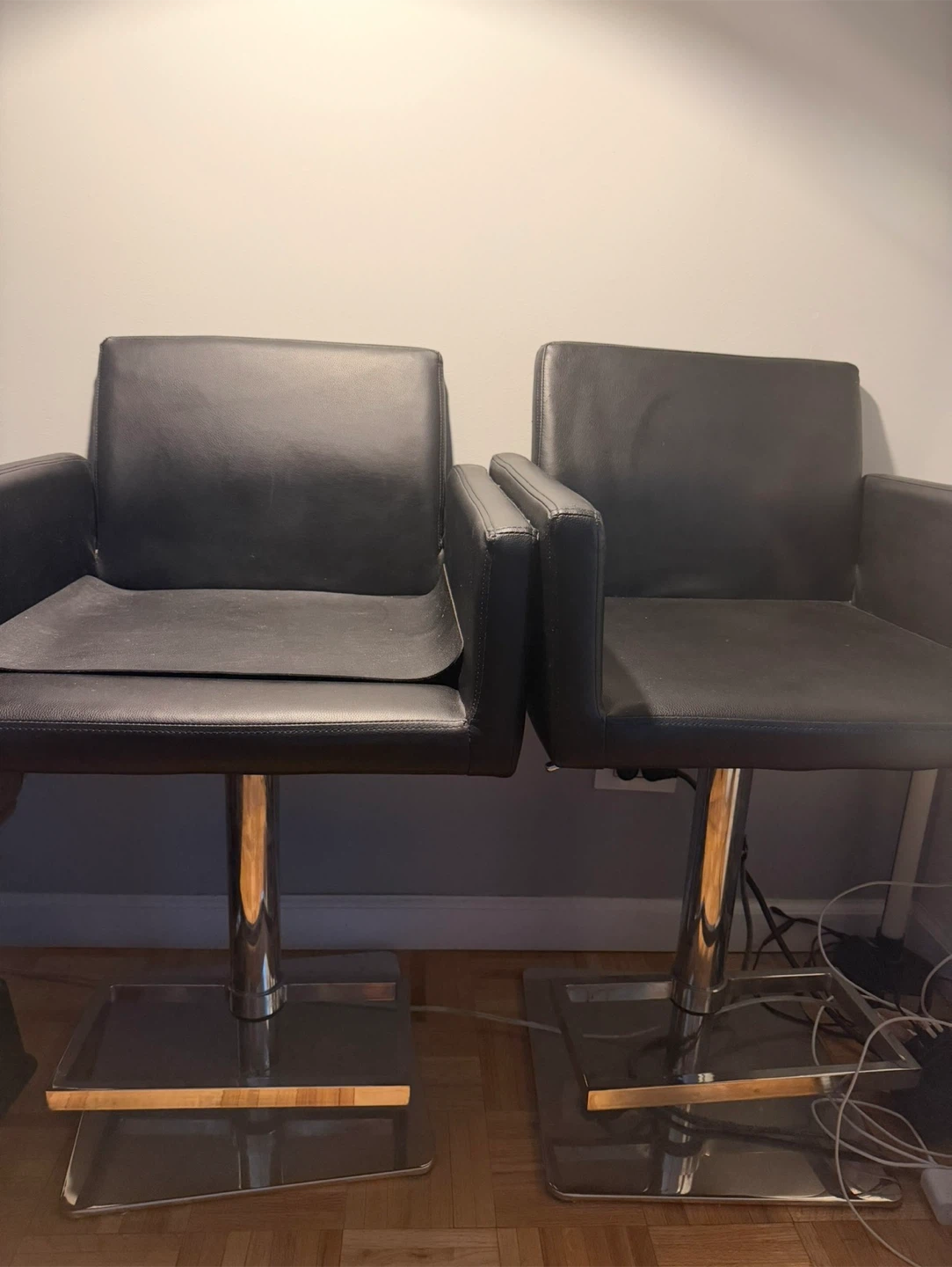 Set of 2 Black Leather Swivel Bar Stools by Modani