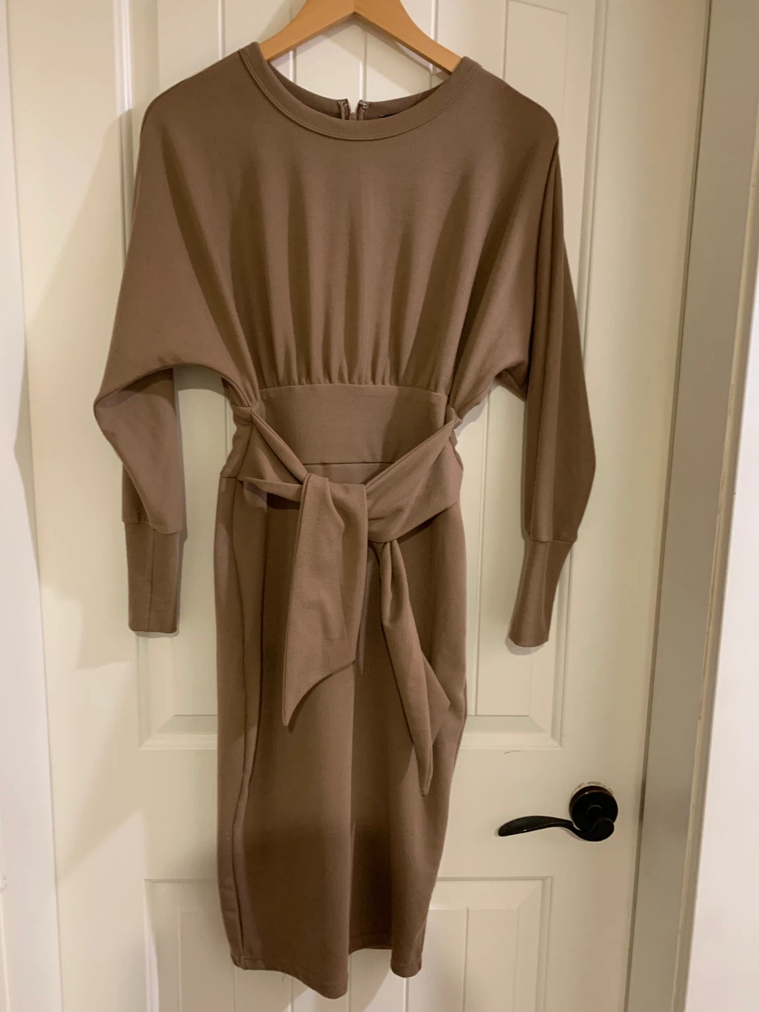 Taupe Tie-Waist Long-Sleeve Dress