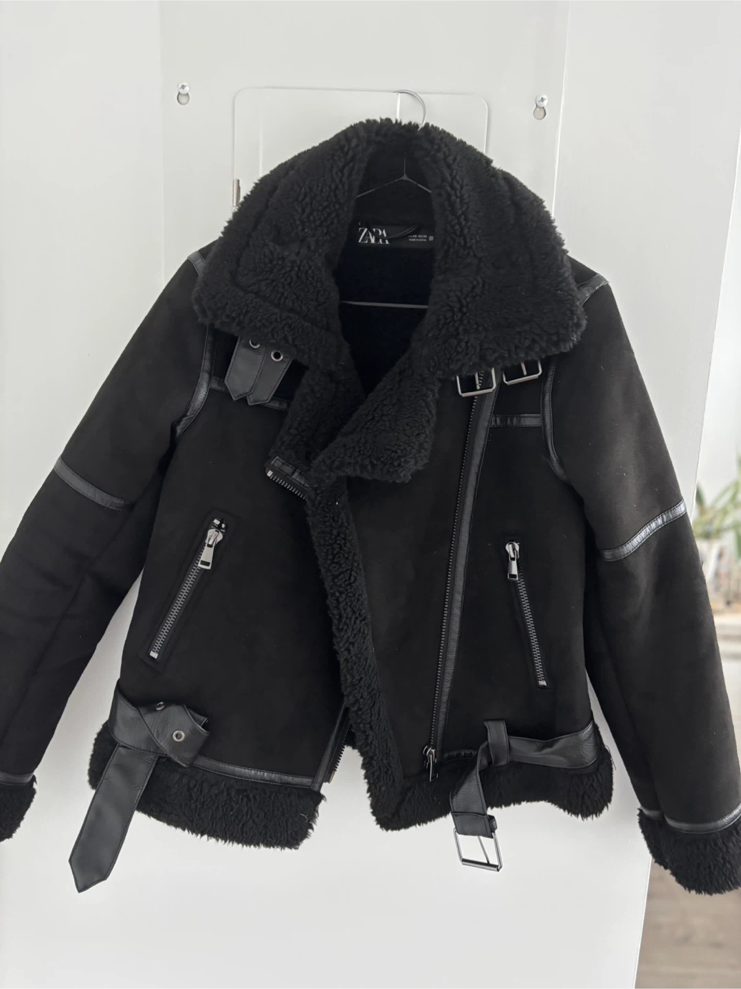 Zara black faux shearling moto jacket