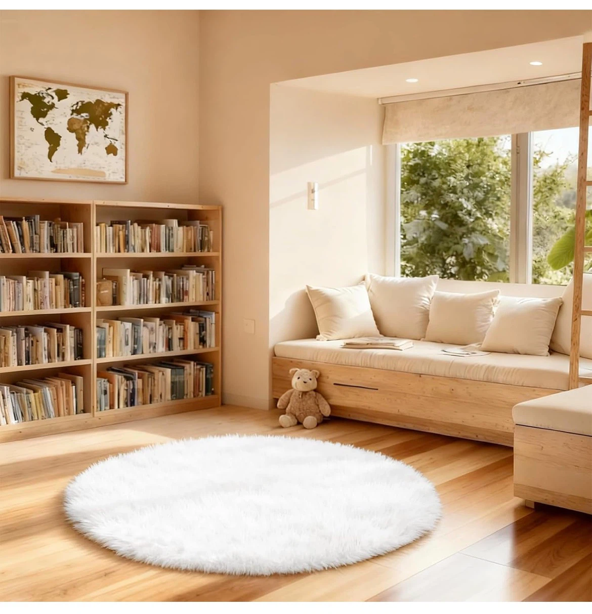 4 ft White Round Faux Fur Area Rug