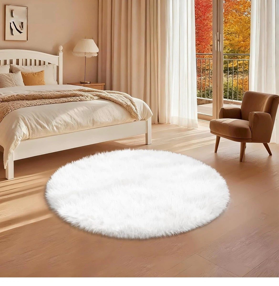 4 ft White Round Faux Fur Area Rug - photo 5